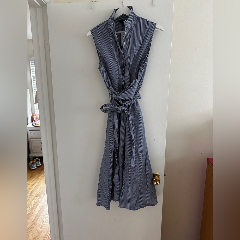 Navy and white striped midi tie waist shirt dress